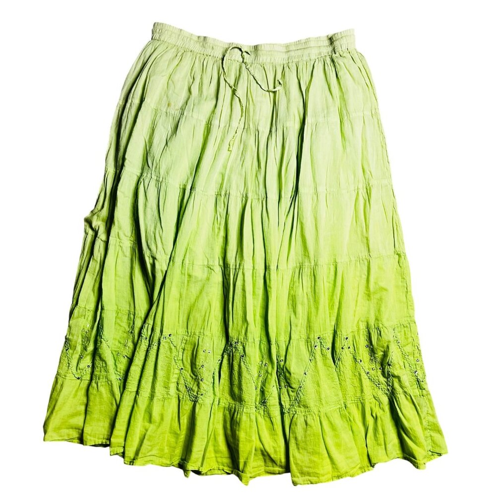 Green Ombre Boho Maxi Skirt With Elastic Waist & Embroidery By Ishyu Size XL